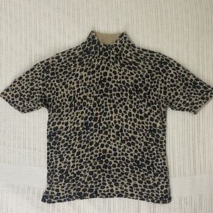 Silk Mock Neck Leopard Print Short Sleeve Shirt Top Business Casual